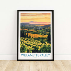 Willamette Valley Poster showcasing vineyards and rolling hills at sunset in Oregon.