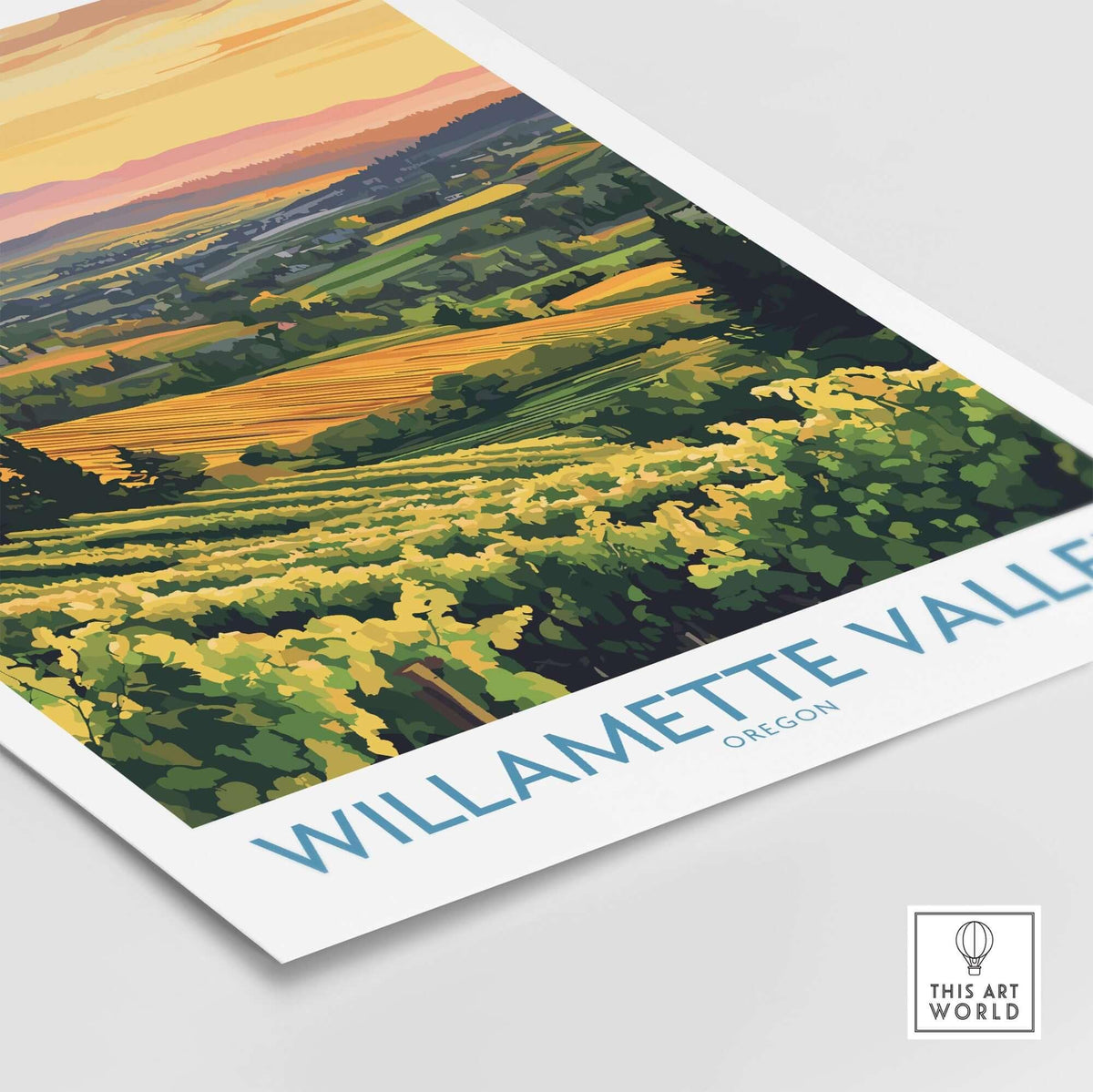 Willamette Valley Poster showcasing vineyards and hills of Oregon at sunset.