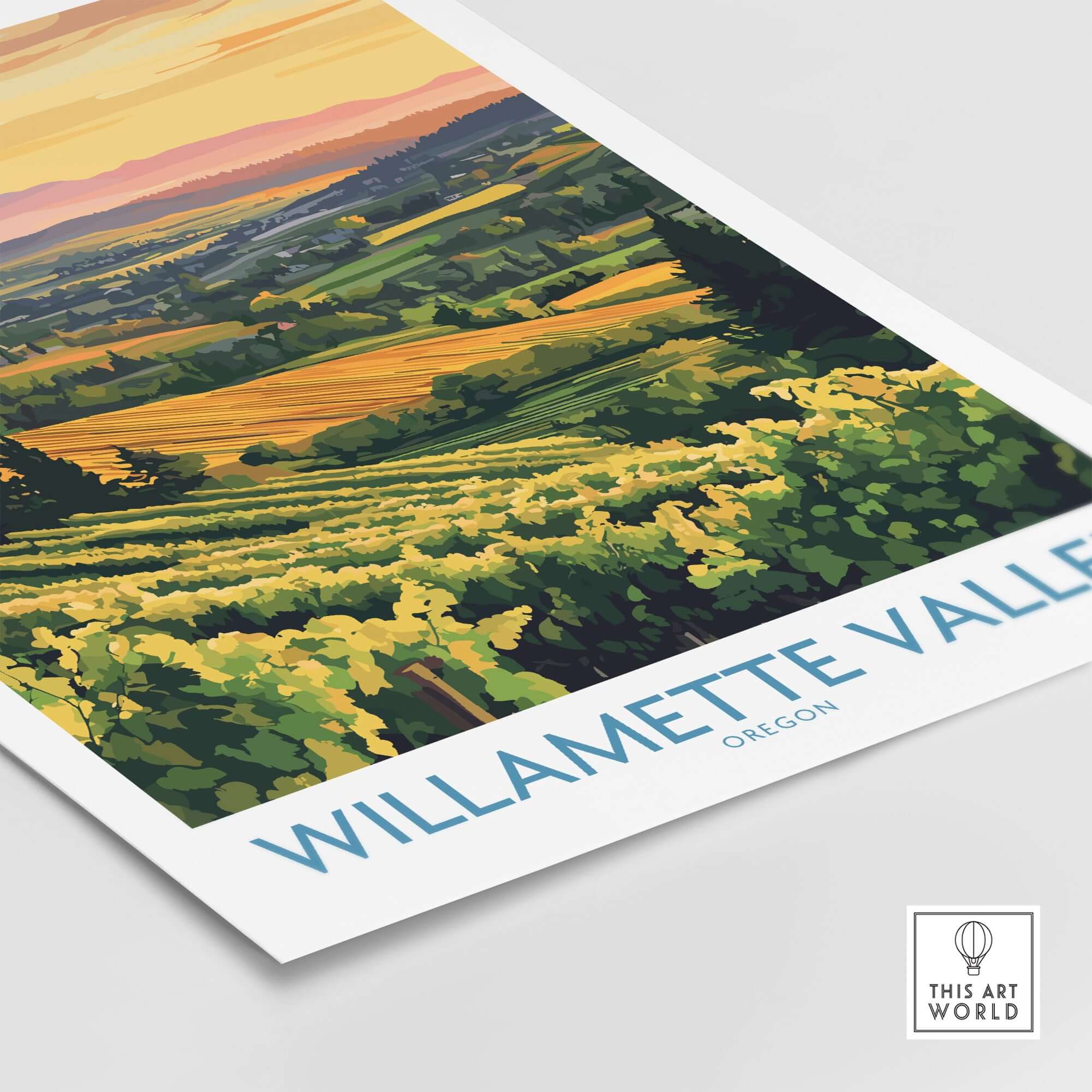 Willamette Valley Poster showcasing vineyards and hills of Oregon at sunset.