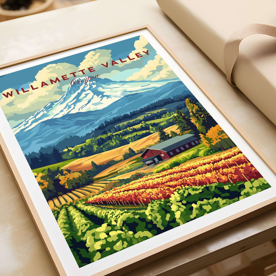 Colorful Willamette Valley wall art featuring vineyards and mountains, showcasing Oregon's scenic beauty.