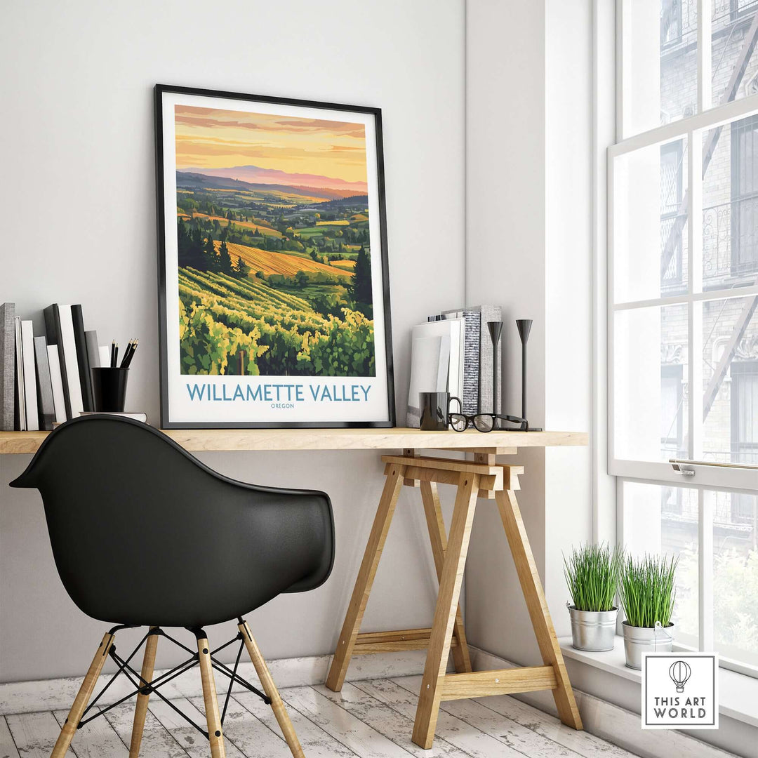 Willamette Valley poster showcasing vineyards at sunset in a stylish home office setting.