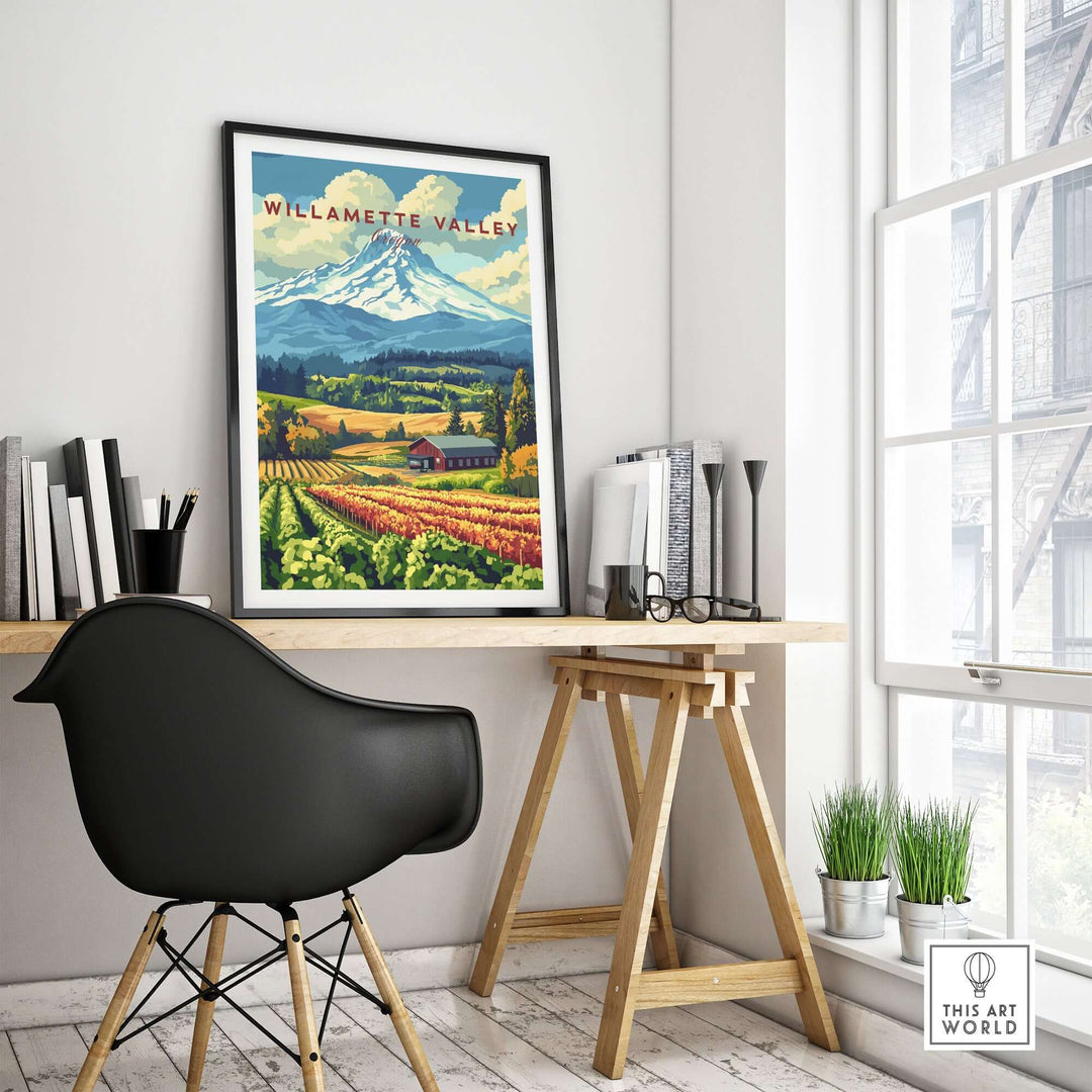 Willamette Valley Oregon wall art displayed in a modern workspace, showcasing vineyards and mountains.