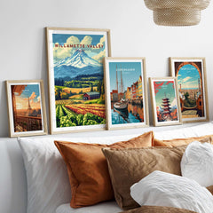 Willamette Valley Oregon Wall Art featuring scenic landscapes and rustic charm, displayed in a cozy living room setting.