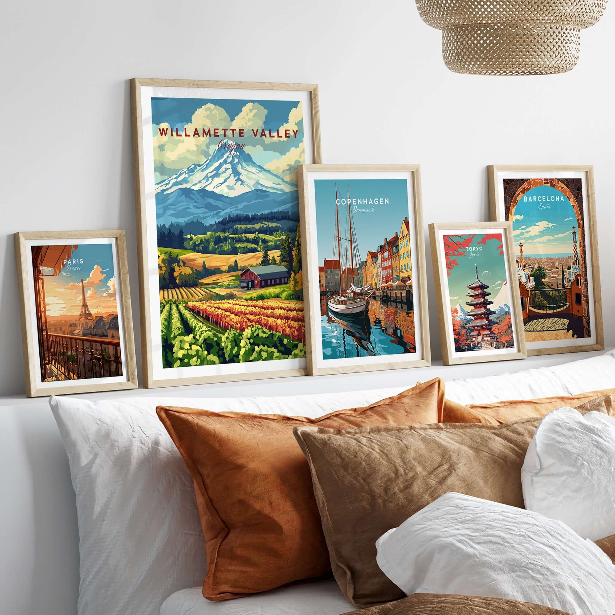 Willamette Valley Oregon Wall Art featuring scenic landscapes and rustic charm, displayed in a cozy living room setting.