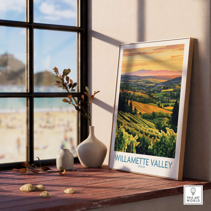 Willamette Valley poster displayed on a windowsill, showcasing stunning vineyards and sunset view.