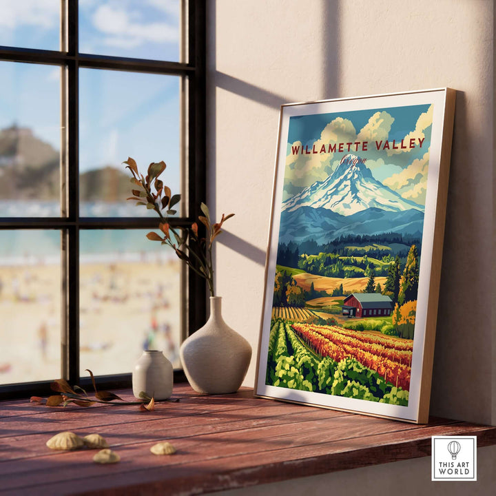 Willamette Valley wall art showcasing scenic landscapes and vineyards in Oregon, framed by a stylish window.