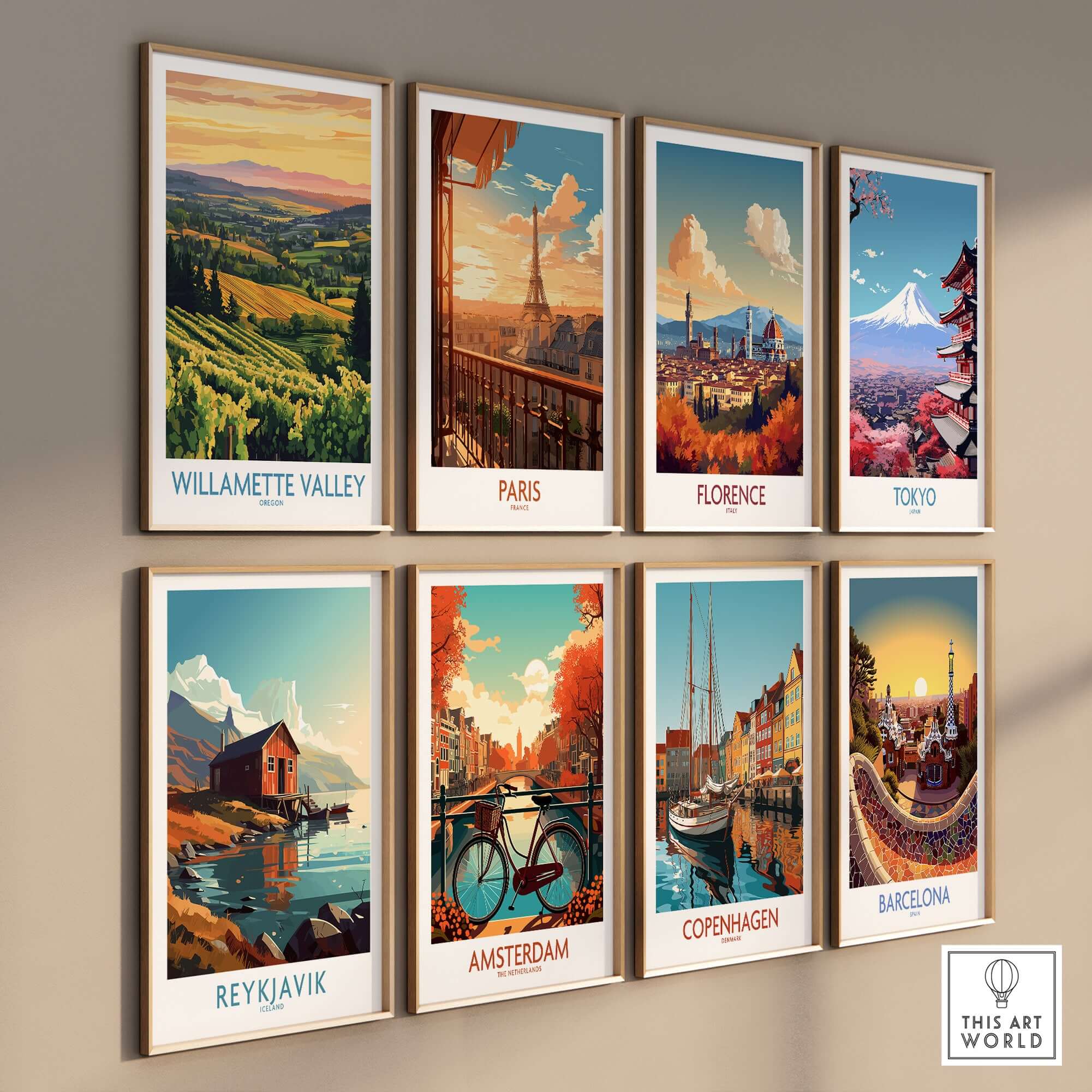 Willamette Valley Poster and various city posters showcasing landscapes and landmarks