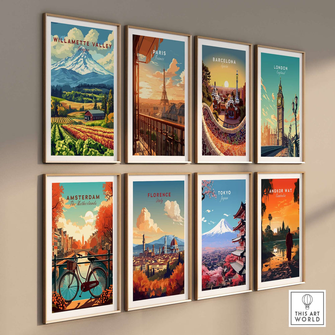 Collection of vibrant wall art featuring Willamette Valley, Paris, Barcelona, London, Amsterdam, Florence, Tokyo, and Angkor Wat.