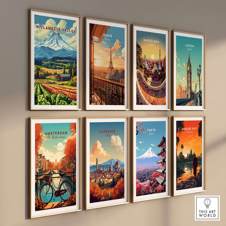 Collection of vibrant wall art featuring Willamette Valley, Paris, Barcelona, London, Amsterdam, Florence, Tokyo, and Angkor Wat.