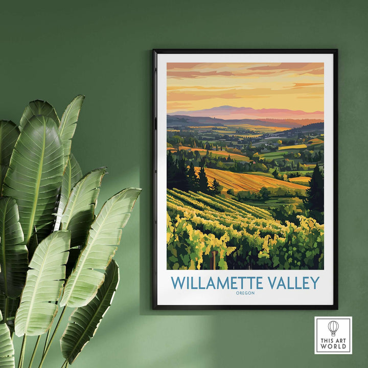 Willamette Valley poster featuring vineyards and rolling hills at sunset, perfect for wine lovers and nature enthusiasts.