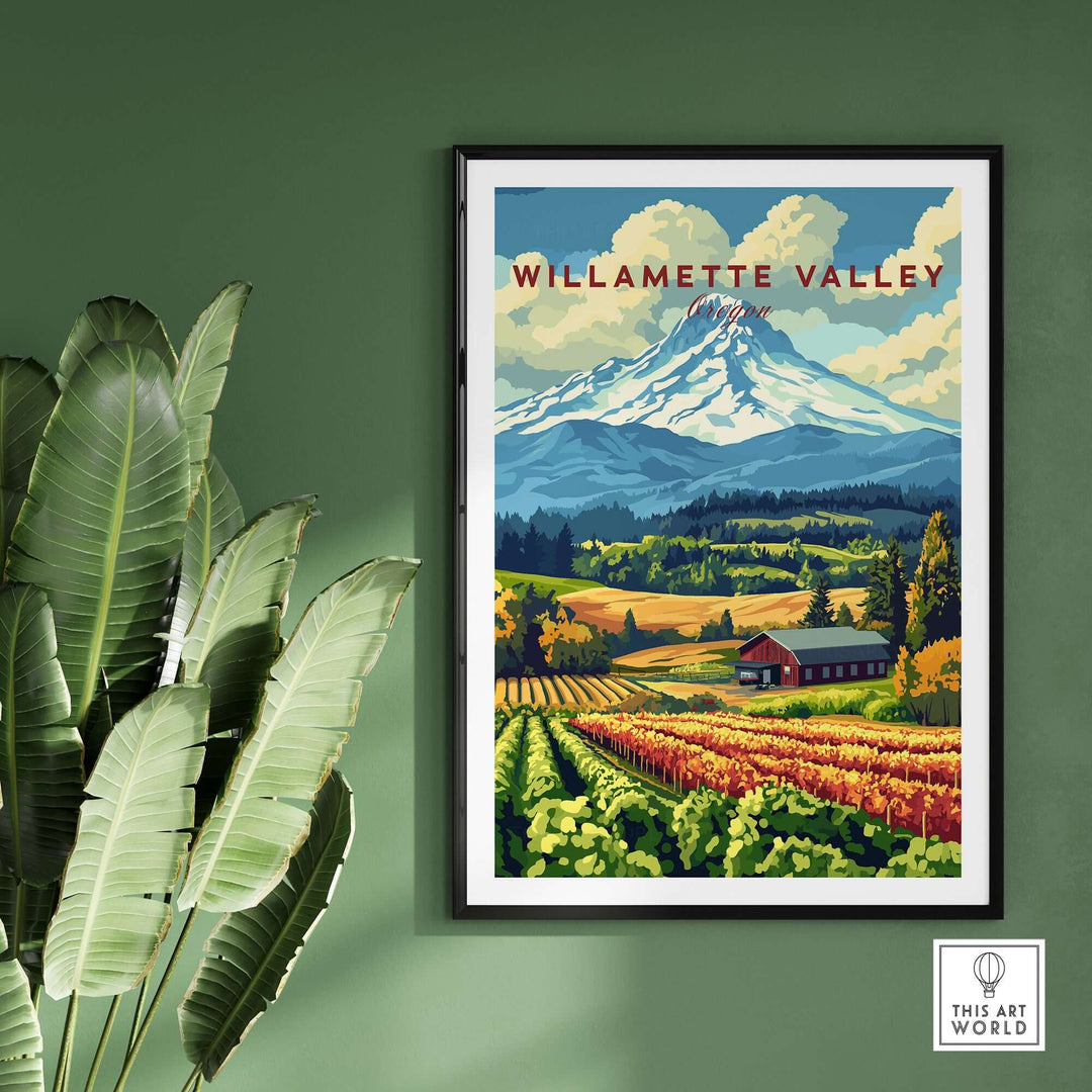 Willamette Valley wall art featuring lush vineyards and mountains, capturing Oregon's scenic beauty in vibrant colors.