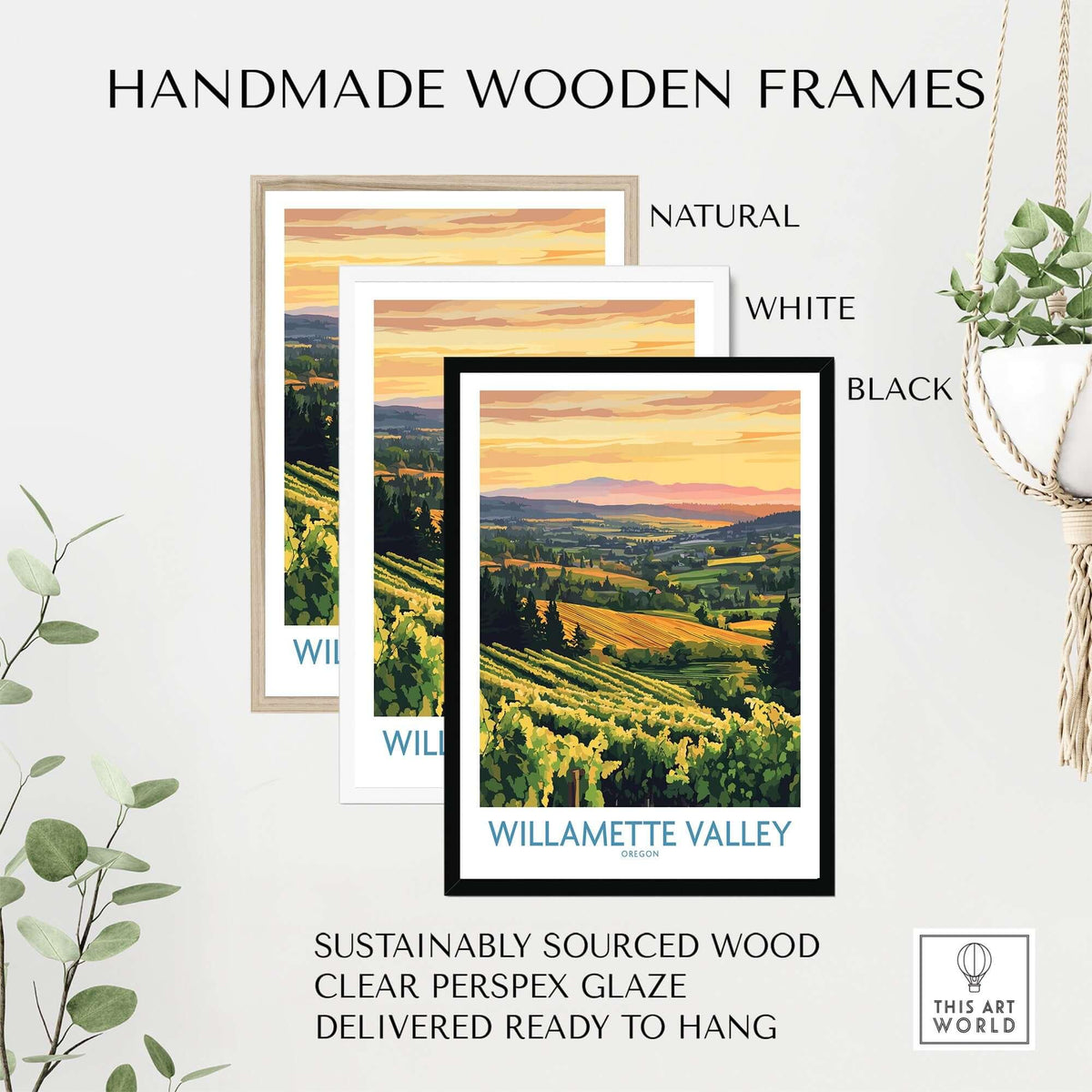 Handmade wooden frames in natural, white, and black for Willamette Valley Poster, showcasing sustainable materials.