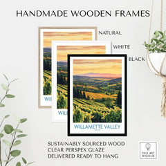 Handmade wooden frames in natural, white, and black for Willamette Valley Poster, showcasing sustainable materials.