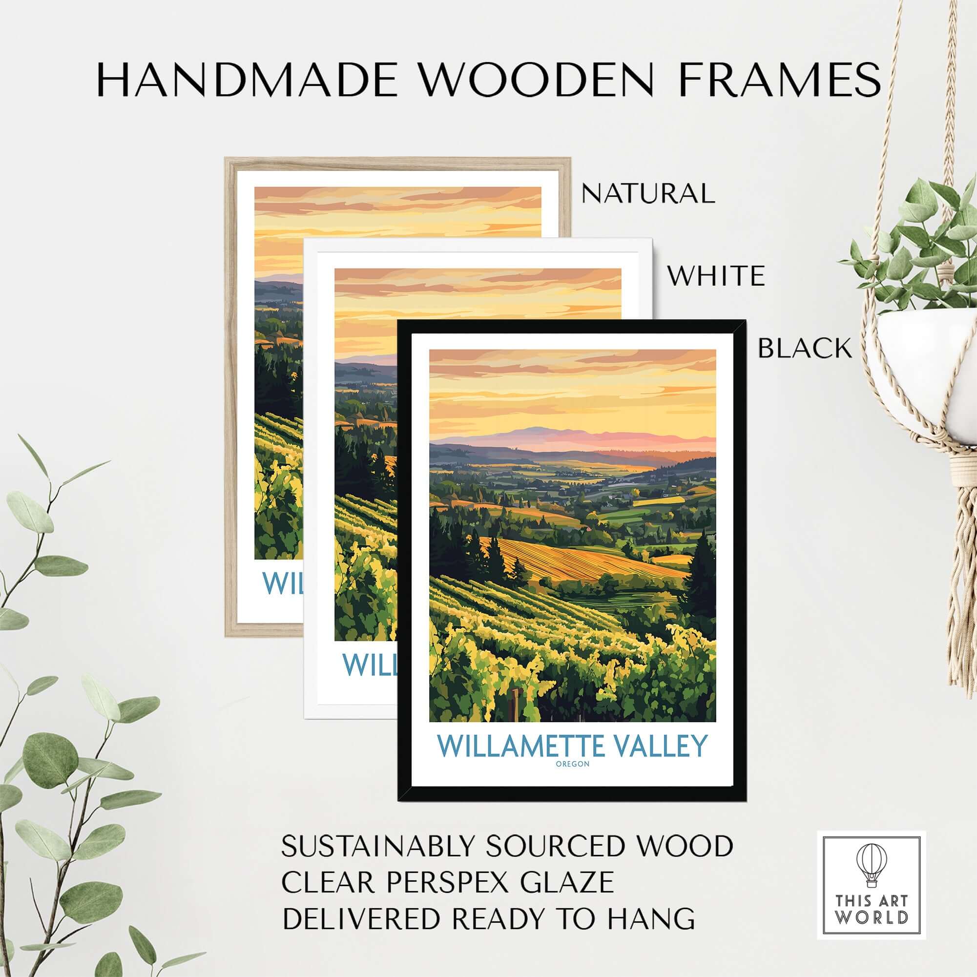 Handmade wooden frames in natural, white, and black for Willamette Valley Poster, showcasing sustainable materials.
