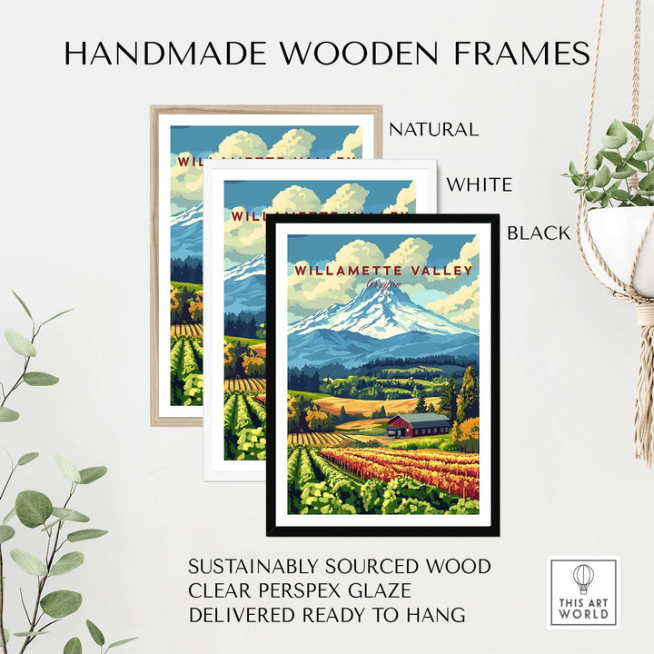 Three handmade wooden frames for Willamette Valley wall art in natural, white, and black finishes.