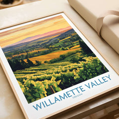 Willamette Valley Poster featuring picturesque vineyards and sunset in Oregon.