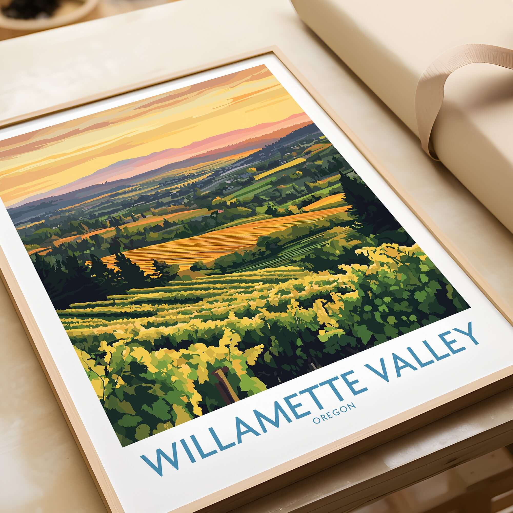 Willamette Valley Poster featuring picturesque vineyards and sunset in Oregon.