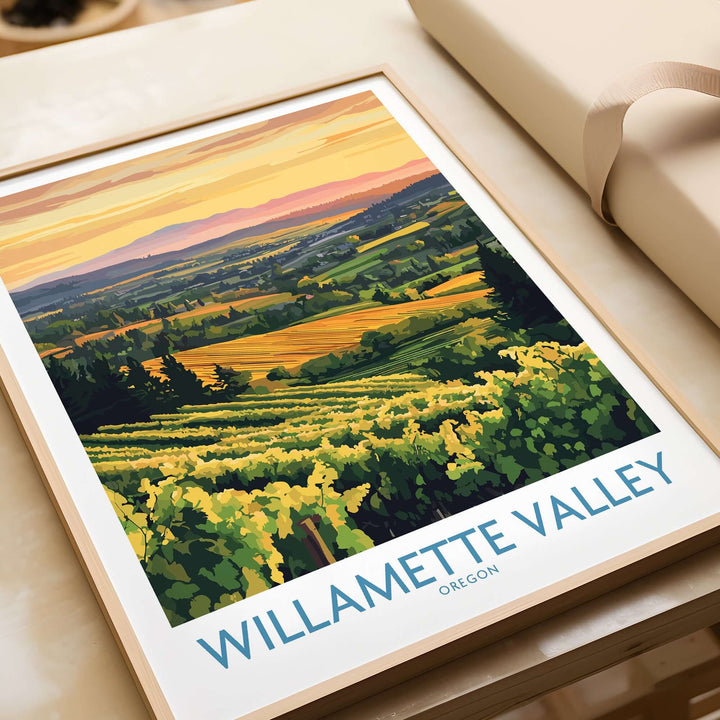 Willamette Valley poster featuring vineyards and sunset, perfect for wine lovers and nature enthusiasts.