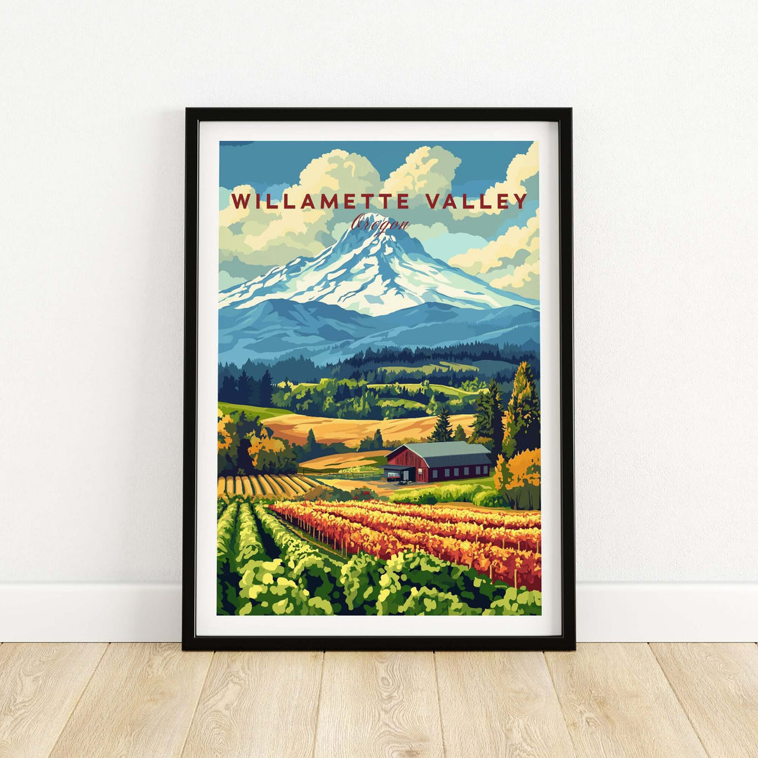 Framed wall art of Willamette Valley, showcasing vineyards, mountains, and vibrant Oregon landscapes.