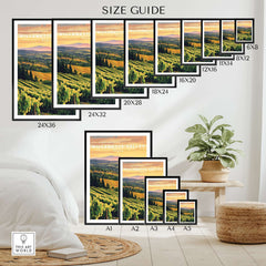 Size guide for Willamette Valley Print showcasing various frame sizes with a vineyard landscape.