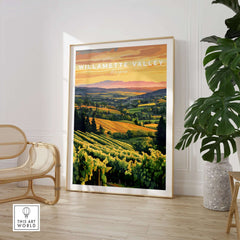 Willamette Valley Print showcasing a vineyard landscape at sunset, perfect for nature lovers.
