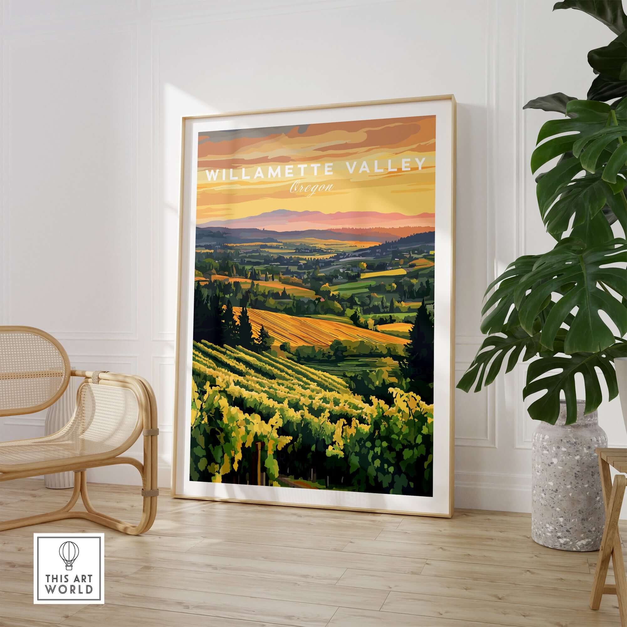 Willamette Valley Print showcasing a vineyard landscape at sunset, perfect for nature lovers.
