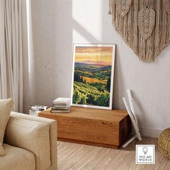 Willamette Valley Print showcasing a stunning vineyard landscape at sunset in a cozy home setting.