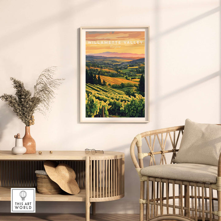 Willamette Valley Print featuring vineyard landscape at sunset, beautifully framed in a serene living space.