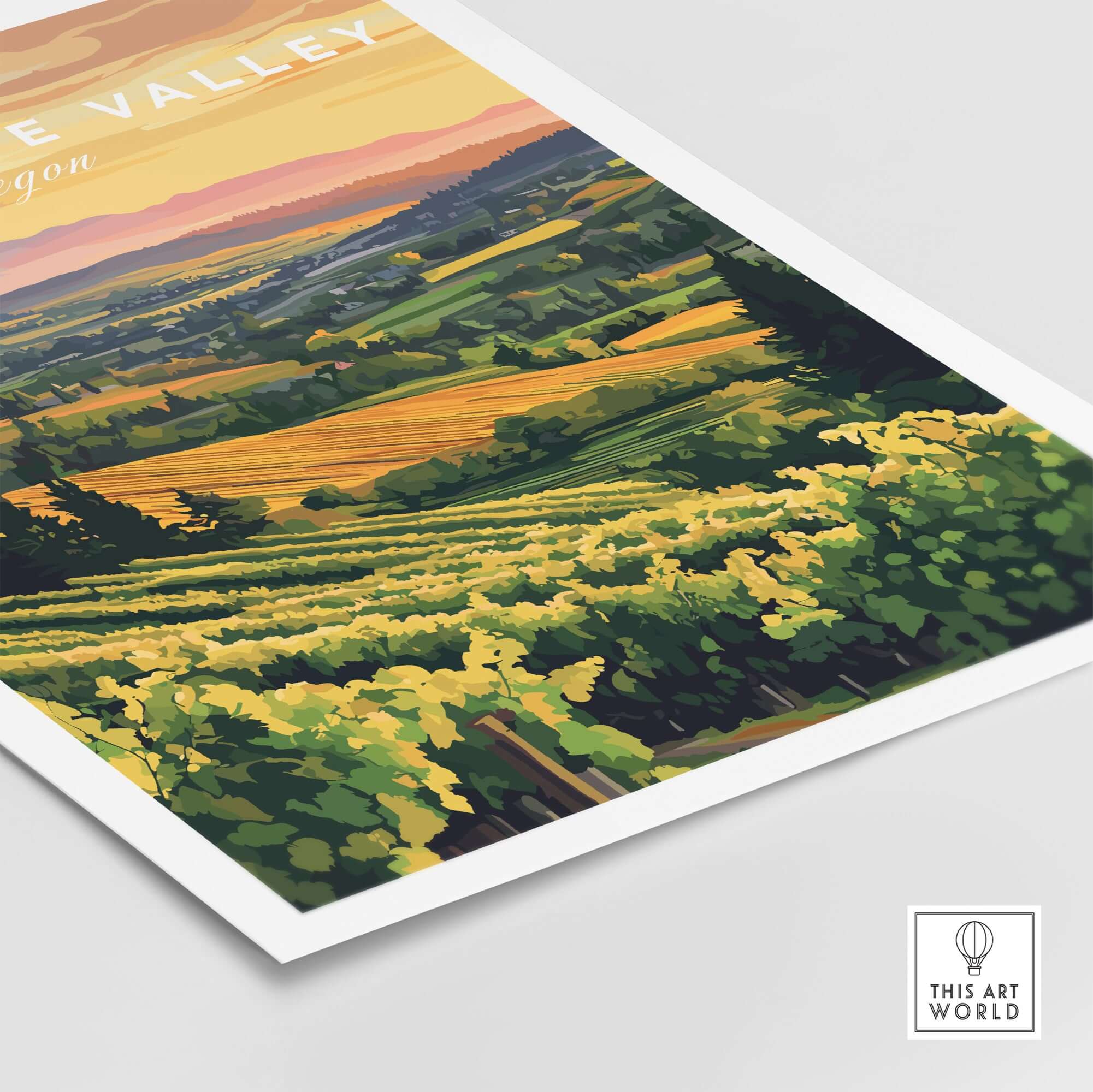 Willamette Valley Print showcasing a vineyard landscape with a sunset backdrop, perfect for nature lovers.