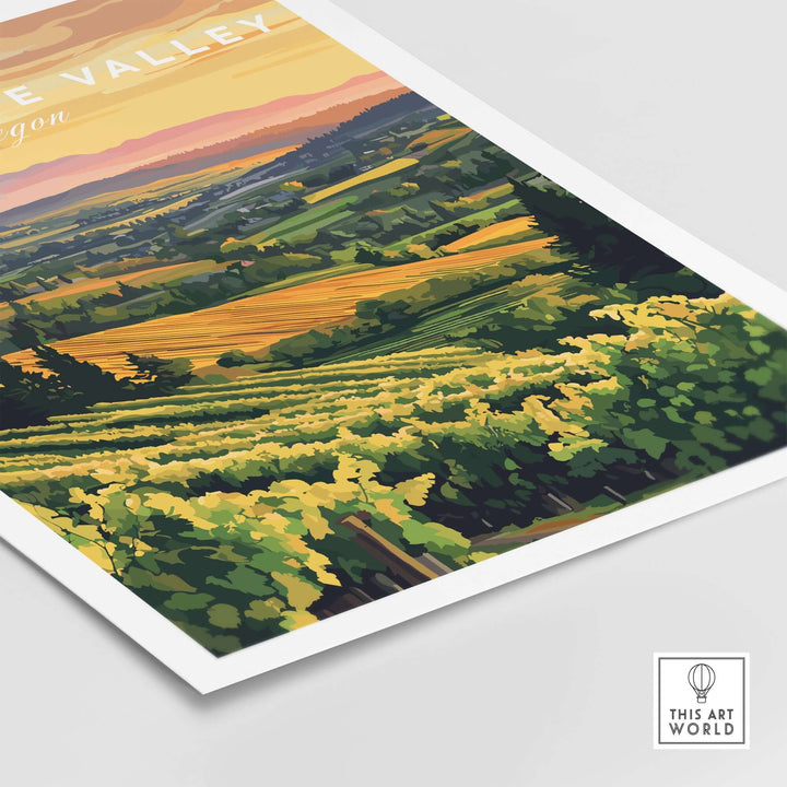 Willamette Valley print featuring a vibrant vineyard landscape at sunset, showcasing the beauty of Oregon's wine country.