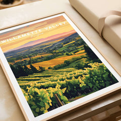 Willamette Valley Print featuring a vibrant vineyard landscape at sunset in Oregon.