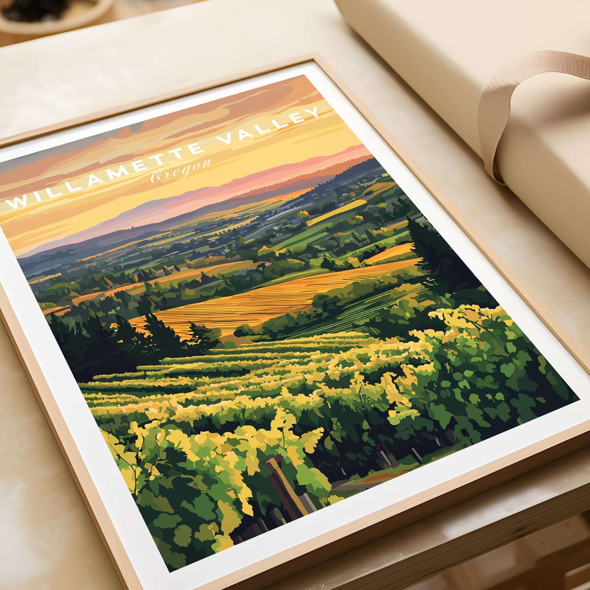 Willamette Valley Print featuring a vibrant vineyard landscape at sunset in Oregon.