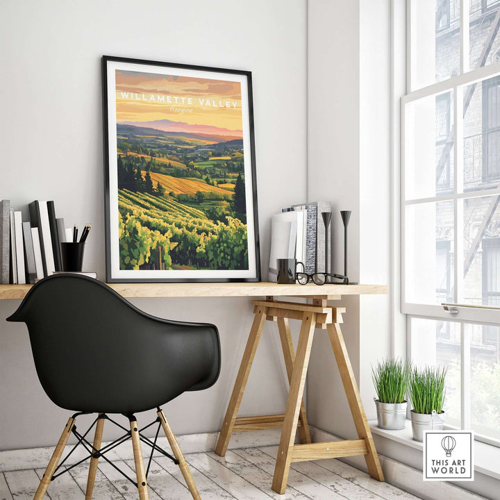 Willamette Valley print showcasing a vineyard landscape at sunset, enhancing modern interior decor.