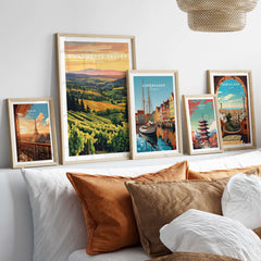 Willamette Valley Print showcasing vineyard landscapes alongside other city-themed prints in a stylish interior setting.