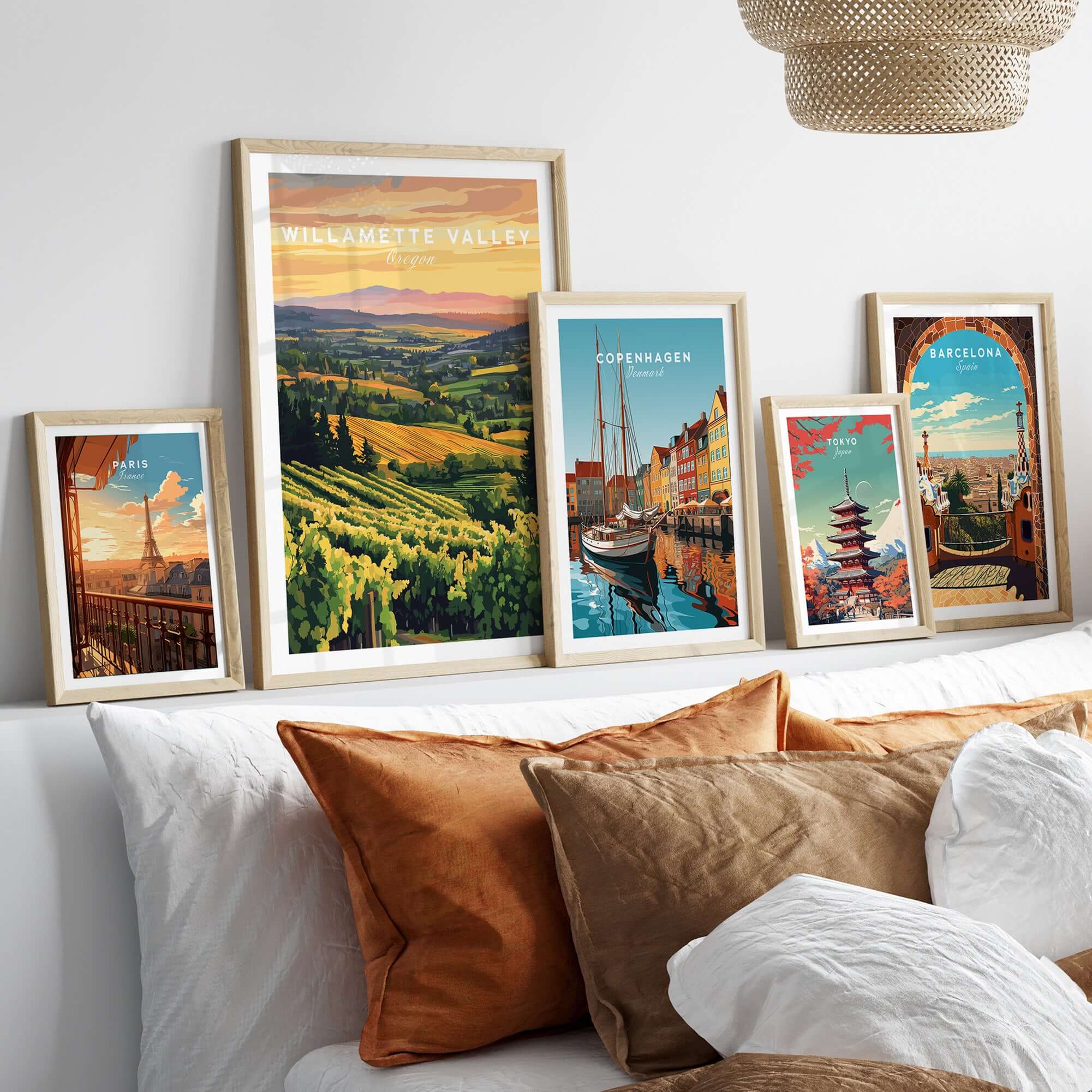 Willamette Valley Print showcasing vineyard landscapes alongside other city-themed prints in a stylish interior setting.