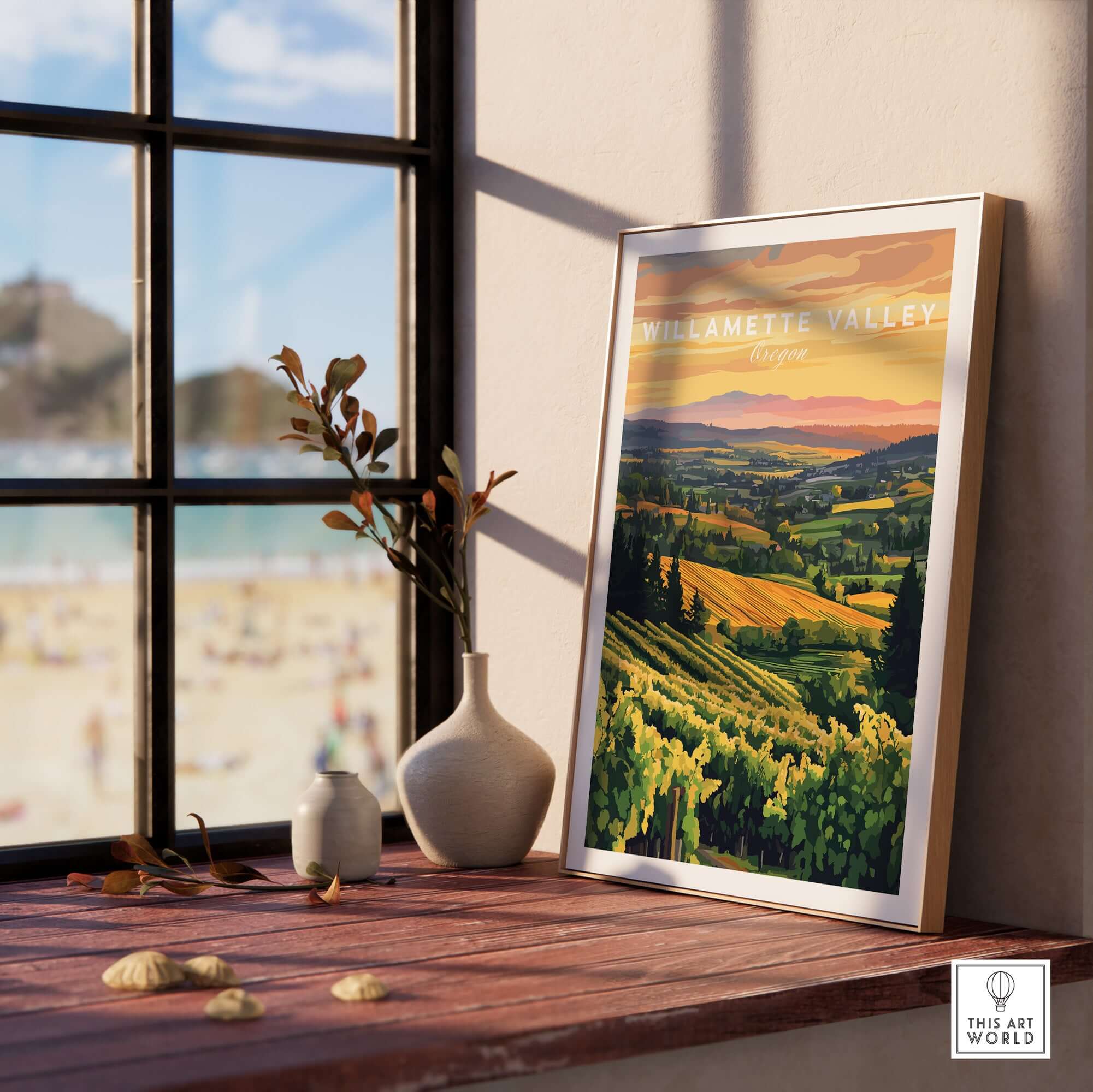 Willamette Valley Print framed in a sunny room showcasing beautiful vineyard landscape.