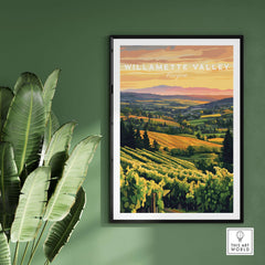 Willamette Valley Print showcasing a vineyard landscape at sunset, adding natural beauty to any decor.