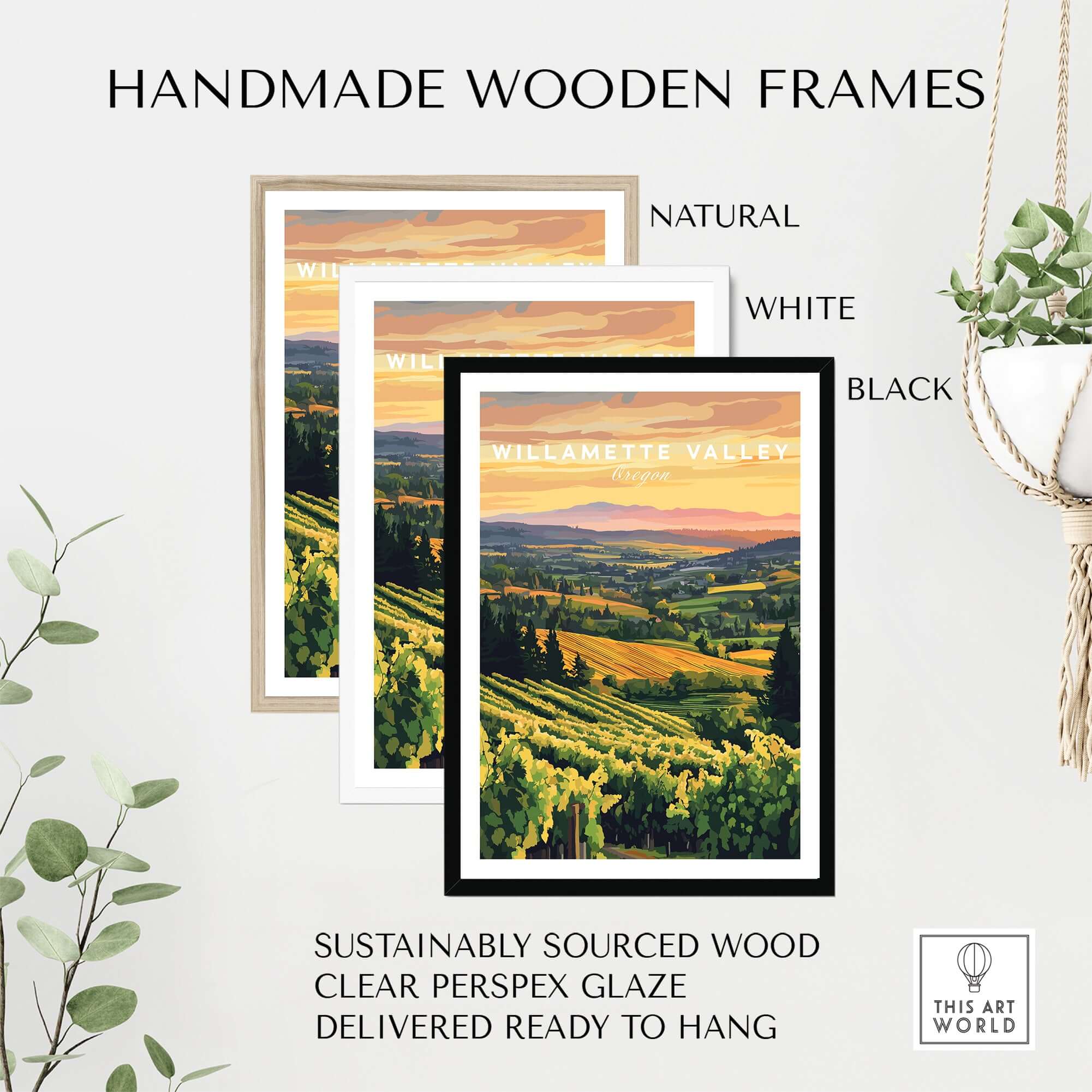 Willamette Valley Print displayed in handmade wooden frames in natural, white, and black finishes.