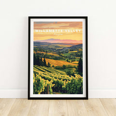 Willamette Valley Print showcasing a vineyard landscape at sunset in Oregon.