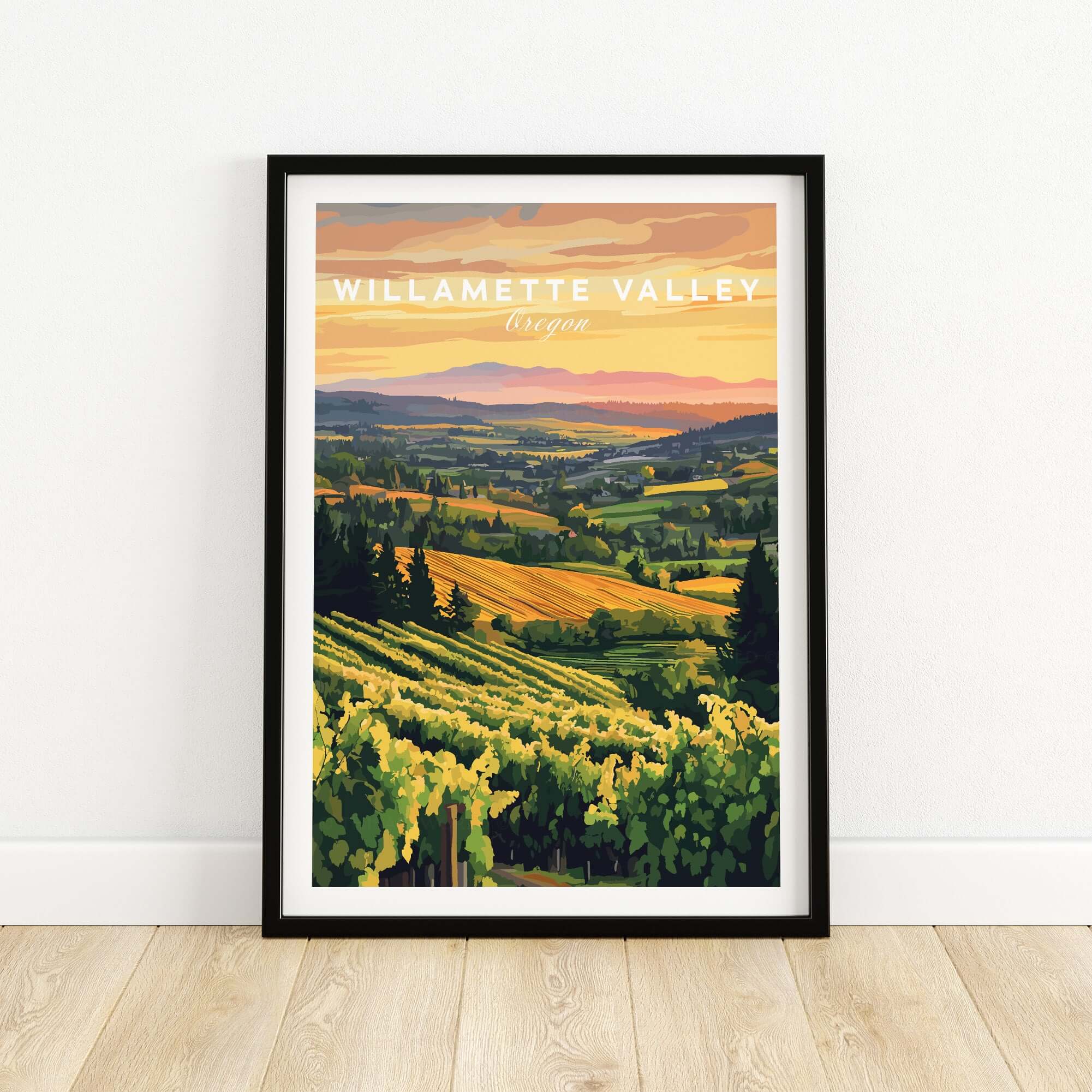 Willamette Valley Print showcasing a vineyard landscape at sunset in Oregon.