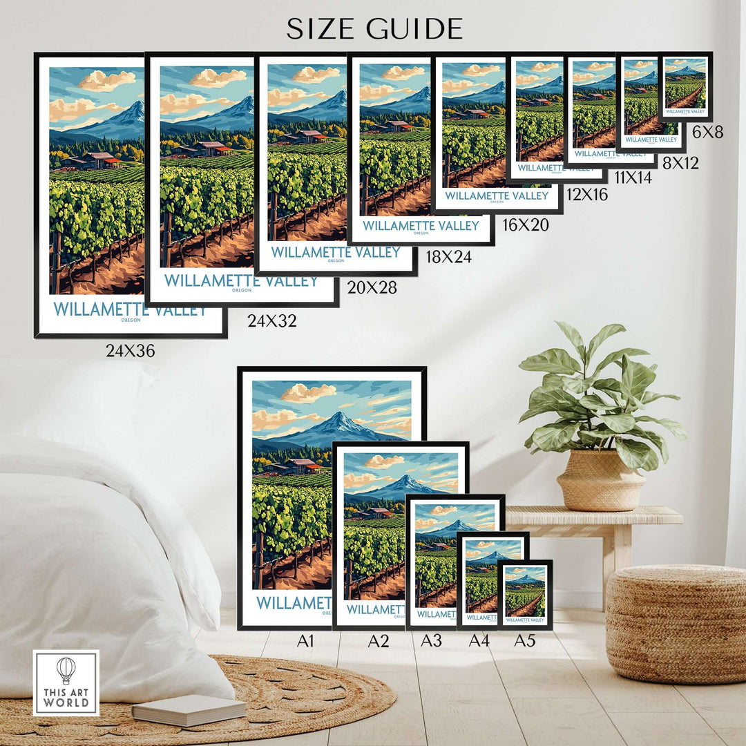 Willamette Valley travel poster size guide with various frame dimensions displayed in a living room setting.