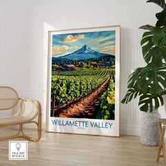 Willamette Valley Travel Poster featuring colorful vineyards and mountains in Oregon.