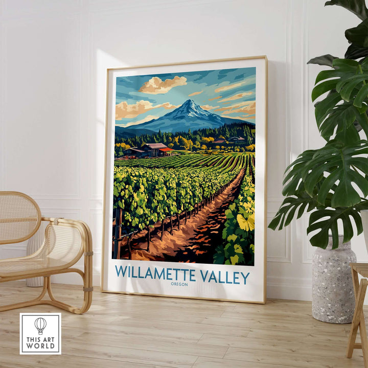 Willamette Valley travel poster featuring vibrant vineyards and mountains, perfect for wine lovers and enthusiasts.