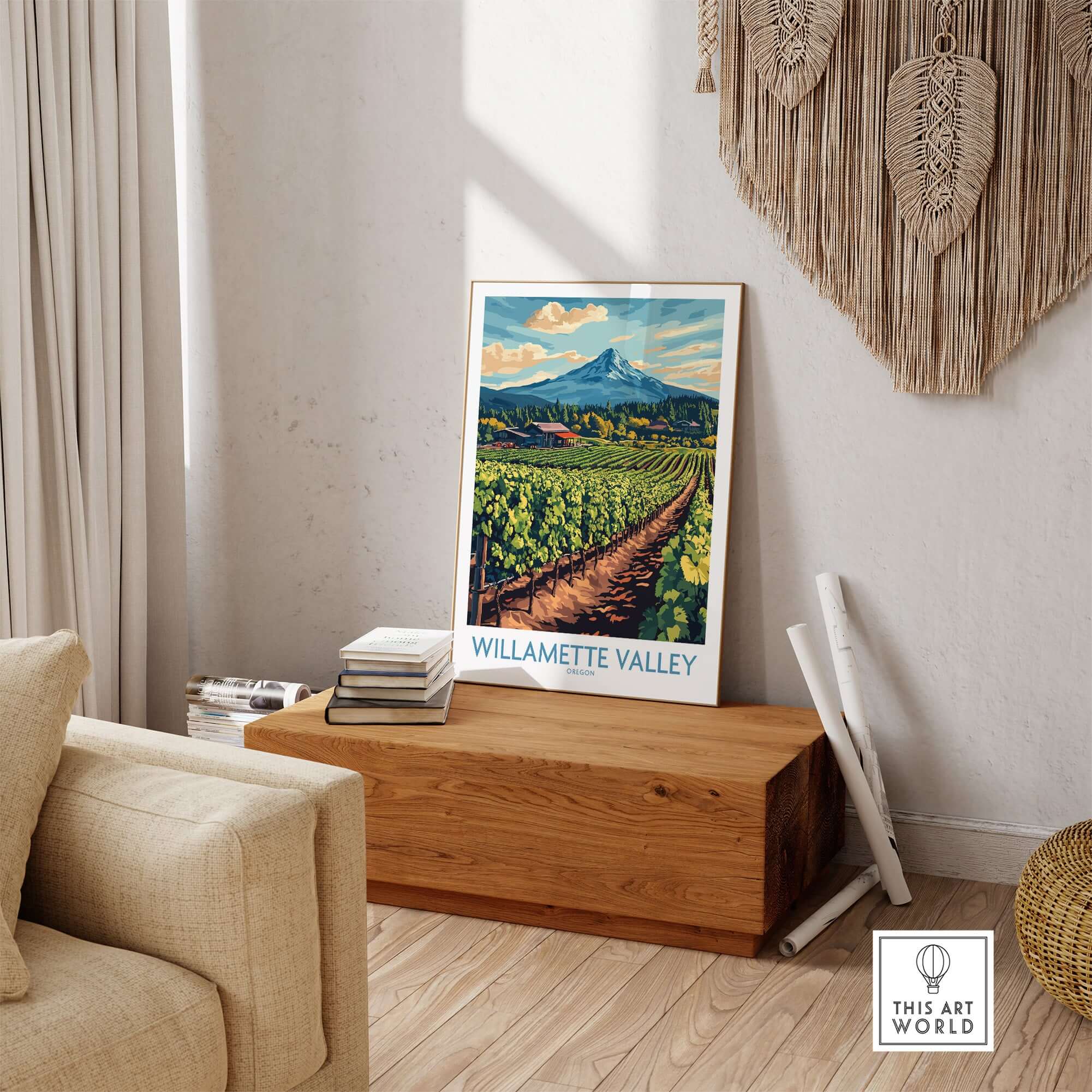 Willamette Valley Travel Poster showcasing vibrant vineyards and mountains in a stylish interior setting.