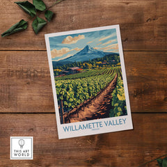 Willamette Valley Travel Poster showcasing vibrant vineyards and a mountain backdrop in Oregon.