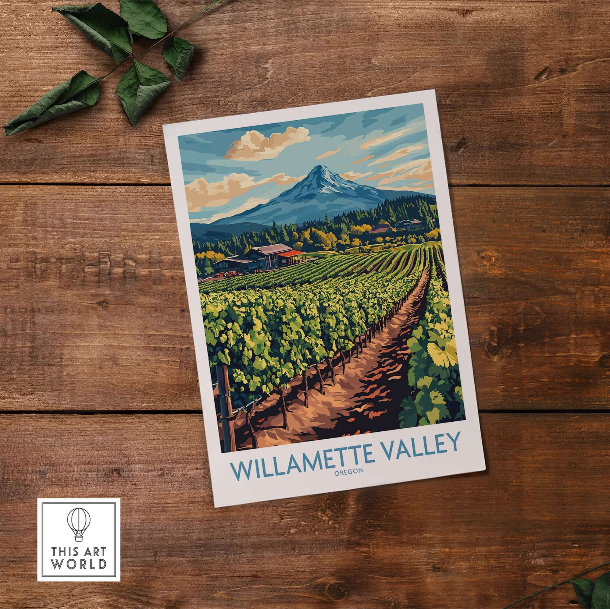 Willamette Valley Travel Poster showcasing vibrant vineyards and a mountain backdrop in Oregon.