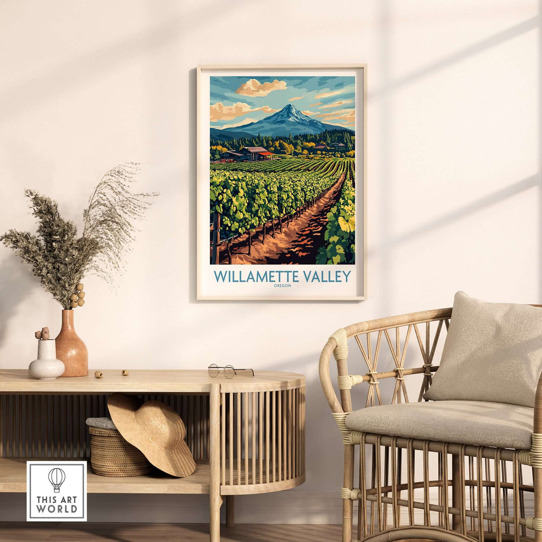 Willamette Valley travel poster showcasing vineyards and mountains, perfect for wine lovers and decor enthusiasts.