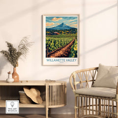 Willamette Valley Travel Poster showcasing vineyards and mountains in a stylish living room setting.