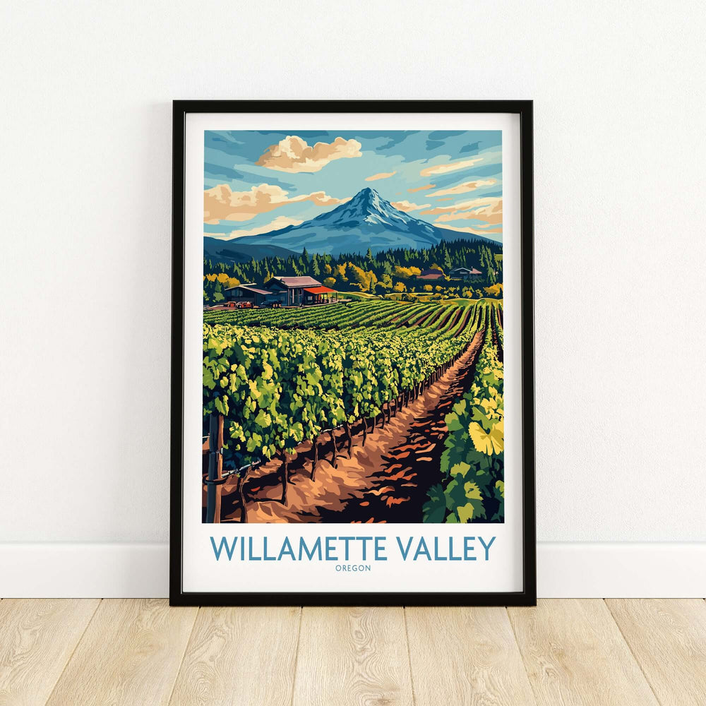 Willamette Valley travel poster showcasing vineyards and mountains, perfect for wine lovers and travel enthusiasts.