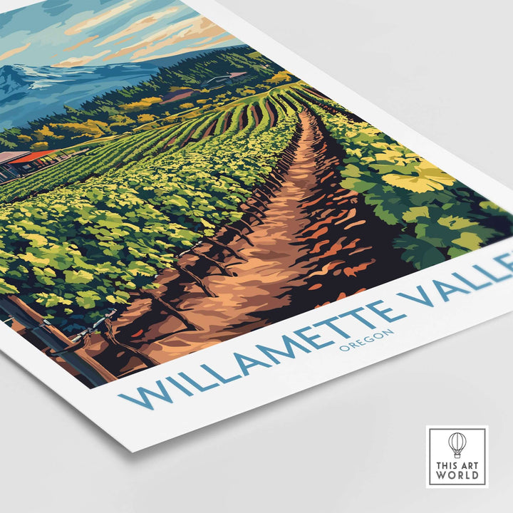 Willamette Valley travel poster showcasing vineyards and mountain backdrop in Oregon.